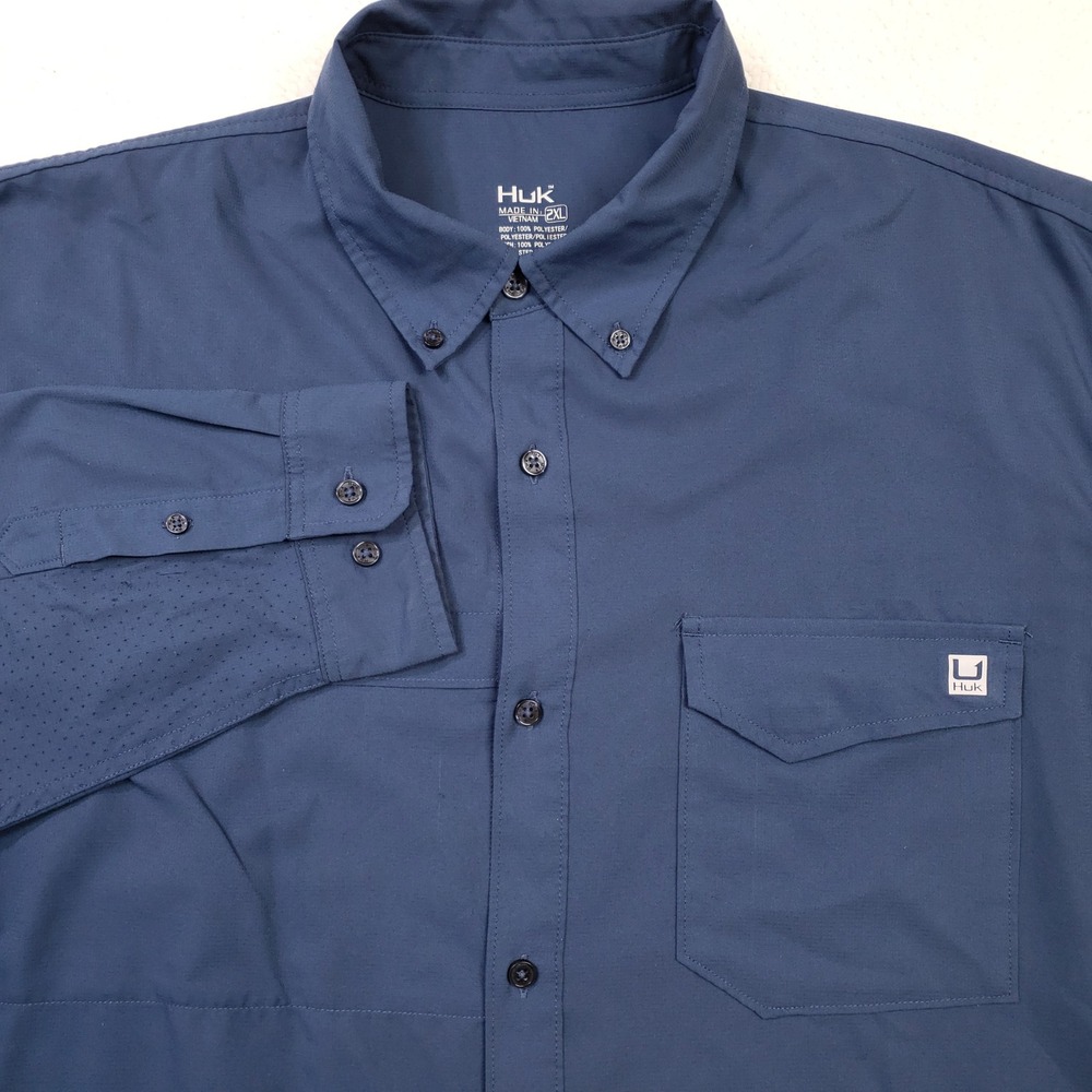 Huk Fishing Shirt Mens 2XL Navy Blue Long Sleeve Ventilated Performance Pockets